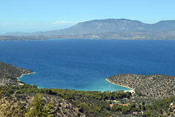 Fototapeta na wymiar View of Arakoukia beach and Saronic gulf in Corinthia, Peloponnese, Greece.