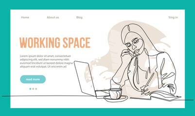 Coworking Space Landing Page Flat Cartoon Template. Freelancers Team Working Online on Laptop. Business People Sharing Open Workspace. Outline Vector Illustration