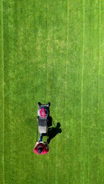 Aerial drone footage of an adult male homeowner mowing his backyard lawn on a sunny day.
