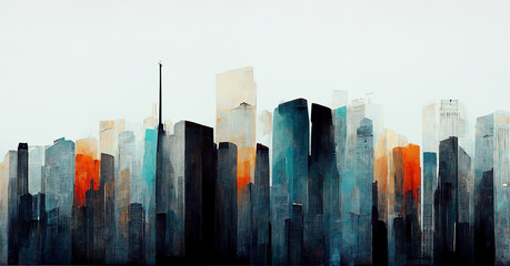 Spectacular watercolor painting of an abstract urban, cityscape, skyscraper scene in orange and teal, grayish smog. Double exposure building. Digital art 3D illustration. - obrazy, fototapety, plakaty