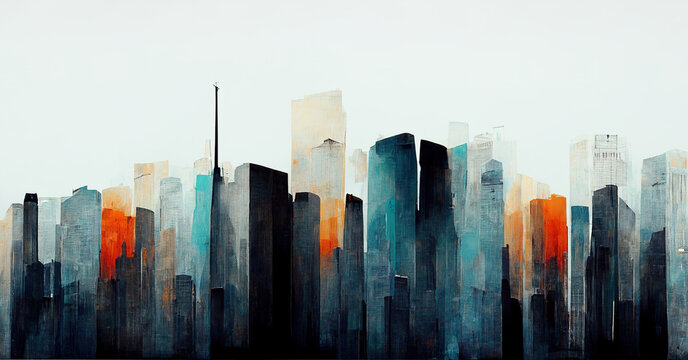 Spectacular watercolor painting of an abstract urban, cityscape, skyscraper scene in orange and teal, grayish smog. Double exposure building. Digital art 3D illustration. © Blue Planet Studio