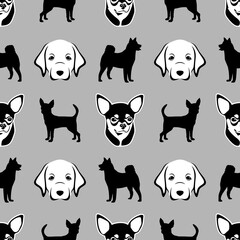 Seamless pattern made up different cute dogs, Labradors and Toy Terriers as wallpaper, cover or background. Endless pattern of puppies for printing on package, wrappers, cards, clothes or accessories.