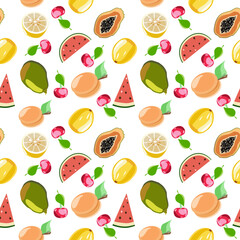 Seamless botanical vector pattern with watermelons, papayas, cherries, lemons, apricots in flat technique 