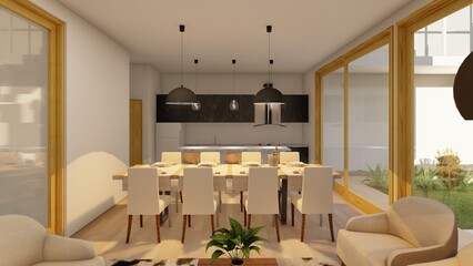 Single family home interior, dining room and kitchen, minimalist