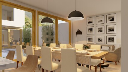 Single family home interior, dining room and kitchen, minimalist