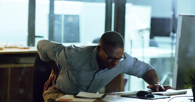 Stress, burnout body and back pain of businessman, designer or worker suffering from bad chair posture. Overworked, frustrated and feeling hurt man with muscle injury or stiff spine from work