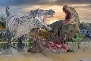 ティラノサウルスが大きな口を開けて獲物を確保するために威嚇しあっている - obrazy, fototapety, plakaty