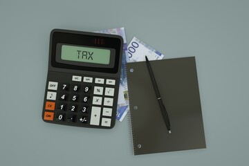 3D rendering of a composition of 1000 Norwegian krone notes, a calculator, a note book and a pen isolated on dark background. Tax background design concept