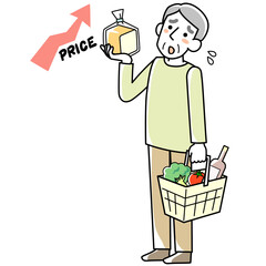 物価高騰に困っている買い物中のシニア男性