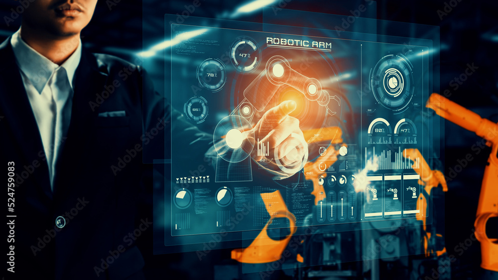 Poster engineer use cybernated robotic software to control industry robot arm in factory . automation manuf