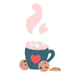 Hot drink illustration. Aromatic cocoa with marshmallows and cookies. Cozy illustration.