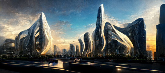 Panoramic view of future city skyline. Creative concept illustration of futuristic cityscape: skyscrapers, towers, tall buildings, flying vehicles. Megapolis city panoramic cityscape, sky background