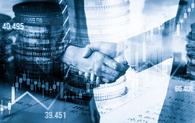 Business handshake on finance prosperity and money technology asset background . Economy and financial growth by investment in valuable stock market to gain wealth profit form currency trading - obrazy, fototapety, plakaty