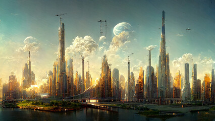 Fototapeta na wymiar Panoramic view of future city skyline. Creative concept illustration of futuristic cityscape: skyscrapers, towers, tall buildings, flying vehicles. Megapolis city panoramic cityscape, sky background