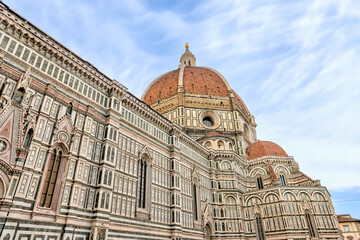 Florence, Italy - July 12, 2022: Architectural details of the Cathedral of Santa Maria del Fiore, Giotto's Tower and St. John's Bapistry in Florence