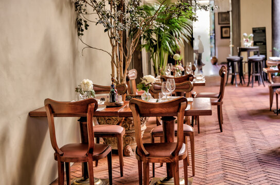 Florence, Italy - July 12, 2022: Patio of the Cantinetta Antinori restaurant in Florence, Italy
