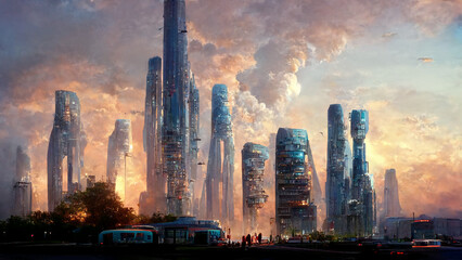 Panoramic view of future city skyline. Creative concept illustration of futuristic cityscape: skyscrapers, towers, tall buildings, flying vehicles. Megapolis city panoramic cityscape, sky background