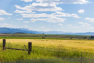 Farm land with blue sky and mountains on a beautiful summer day