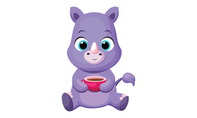 Cute rhinoceros with a cup of coffee in cartoon style