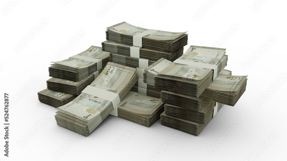 Poster stack of syrian pound notes. 3d rendering of bundles of banknotes