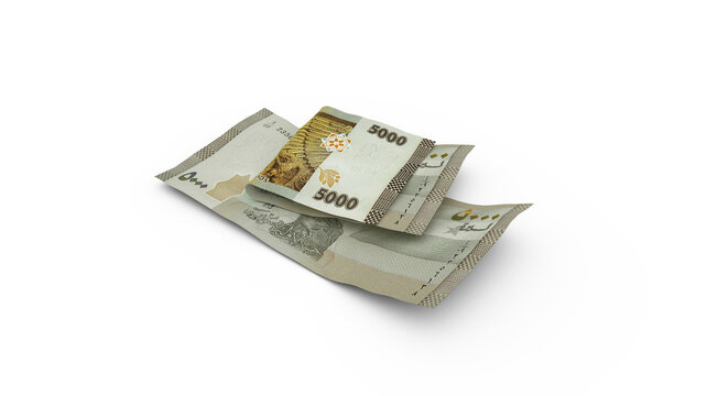 3D rendering of Double 5000 Syrian pound notes isolated on white background