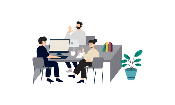 Group of office workers sitting at desks and communicating or talking to each other. Dialogs or conversations between colleagues or clerks at workplace illustration 