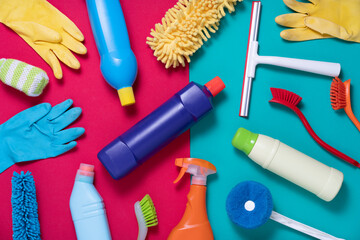 House cleaning plastic product on colorful table background, home service or housekeeping concept