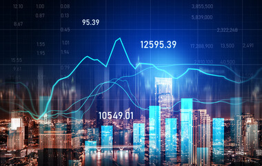 Financial graphs and digital indicators overlap with modernistic urban area, skyscrabber for stock market business concept. Double exposure.