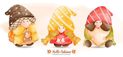 Autumn Gnome, Fairy tale Gnome, Autumn or Fall Animal decor, Digital paint watercolor illustration