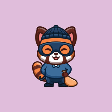 Red Panda Thief Cute Creative Kawaii Cartoon Mascot Logo