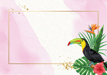 Frame with hornbill and tropical plants illustration on watercolor background © rexandpan