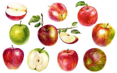 Watercolor illustration, set. Watercolor red apple, rose apple and apple slice.
