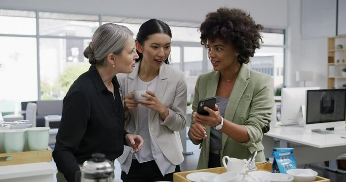 Wow, phone and business women on social media sharing fake global internet gossip news in tea or coffee break in office. Black woman in communication, surprised and conversation to shocked coworkers