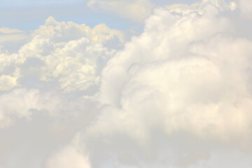 Cloud in sky atmosphere from airplane, out of windows is cloudscape cumulus heaven and sky under Sun. View from above cloud is beautiful with abstract background climate weather at high level