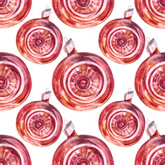 Seamless pattern watercolor hand-drawn red shiny christmas decoration disco ball isolated on white background. Creative toy clipart for new year, party, celebration, wallpaper, wrapping, sketchbook