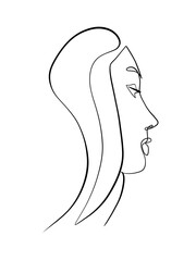 A portrait of a woman is drawn in a oneline art style. Body and facial expression. Printable art.