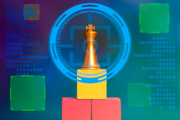 Golden chess with blue lock graphic icon. Concept of strategy ideas