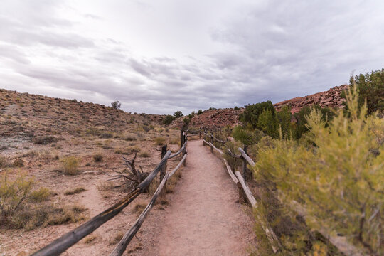 Path with wood fences through desert