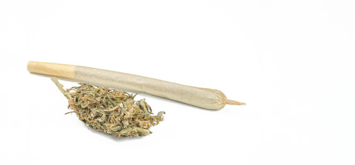 Cannabis cigarettes and marijuana flowers on a white background with copyspace and clipping path.