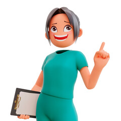 3d render cute nurse pointing up