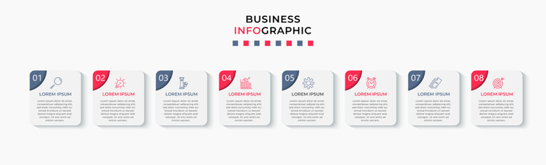 Obraz premium Vector Infographic design business template with icons and 8 options or steps. Can be used for process diagram, presentations, workflow layout, banner, flow chart, info graph
