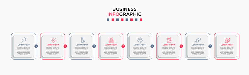 Naklejka na ściany i meble Vector Infographic design business template with icons and 8 options or steps. Can be used for process diagram, presentations, workflow layout, banner, flow chart, info graph