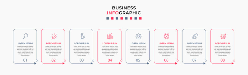 Vector Infographic design business template with icons and 8 options or steps. Can be used for process diagram, presentations, workflow layout, banner, flow chart, info graph