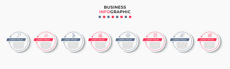 Vector Infographic design business template with icons and 8 options or steps. Can be used for process diagram, presentations, workflow layout, banner, flow chart, info graph