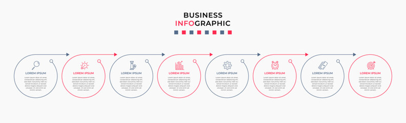 Vector Infographic design business template with icons and 8 options or steps. Can be used for process diagram, presentations, workflow layout, banner, flow chart, info graph
