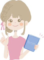 本を持って、おすすめを紹介している女の子のイラスト