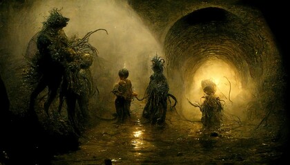 3D Illustration of a Kids with the monster in the dark and dirty sewer with the brown wall
