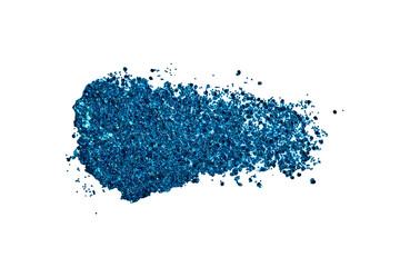 Blue glitter makeup product smear on white. Eye shadow, lip gloss and face for holiday makeup swatch