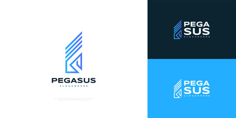 Blue Pegasus Logo Design in Line Style. Abstract Horse Logo Icon