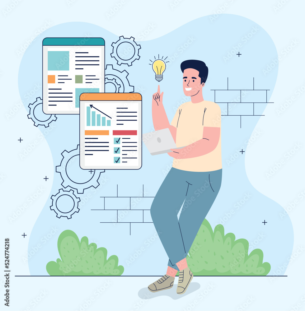 Poster man with start up icons